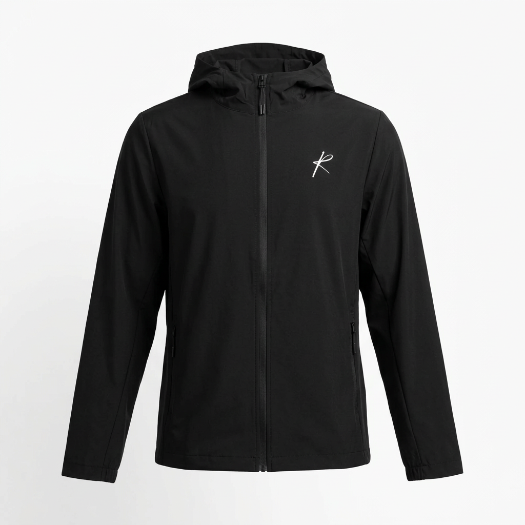 Black windbreaker ghost mannequin with hood down