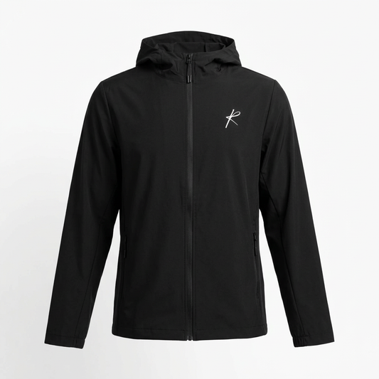 Black windbreaker ghost mannequin with hood down