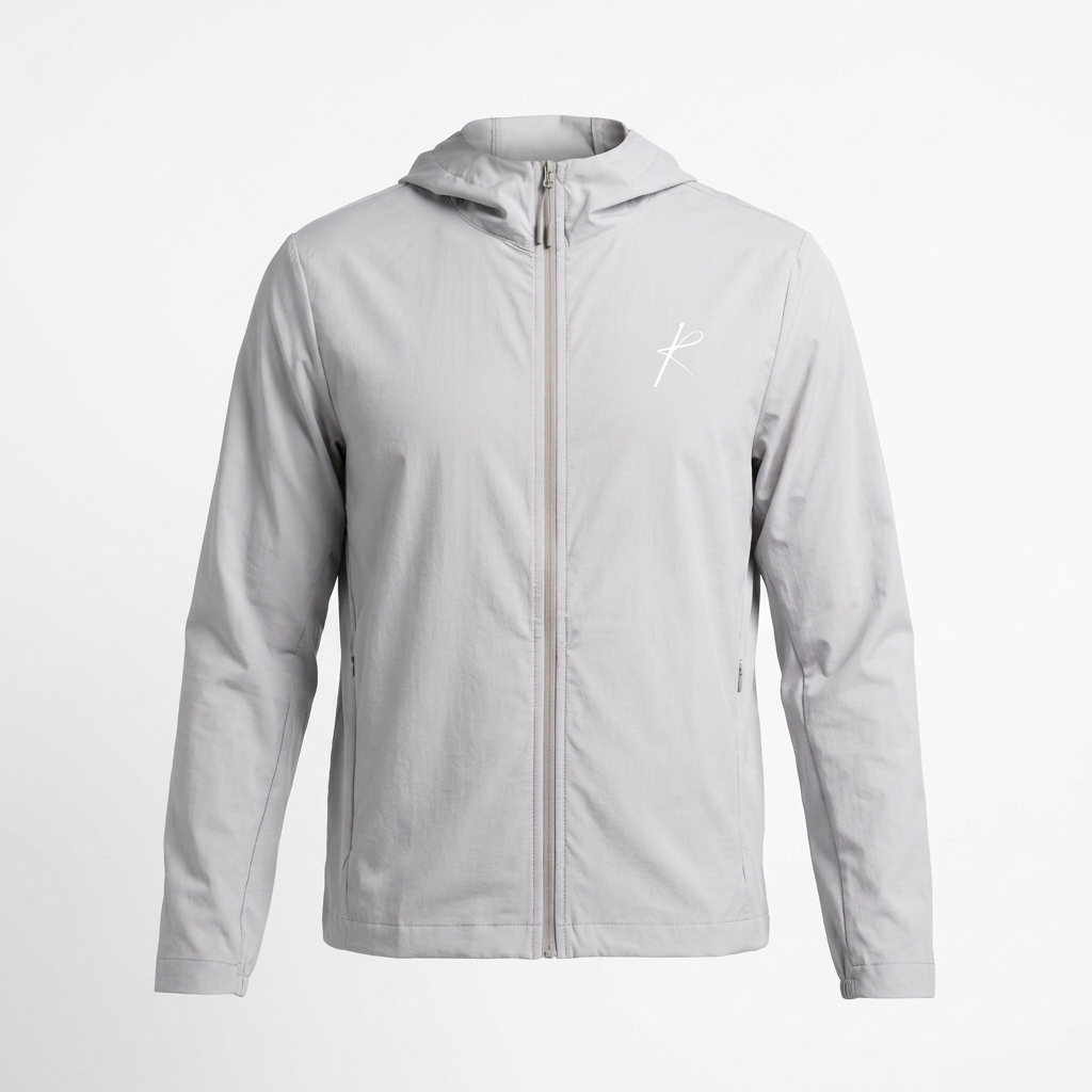 Light grey windbreaker ghost mannequin with hood down