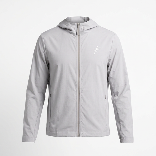 Light grey windbreaker ghost mannequin with hood down